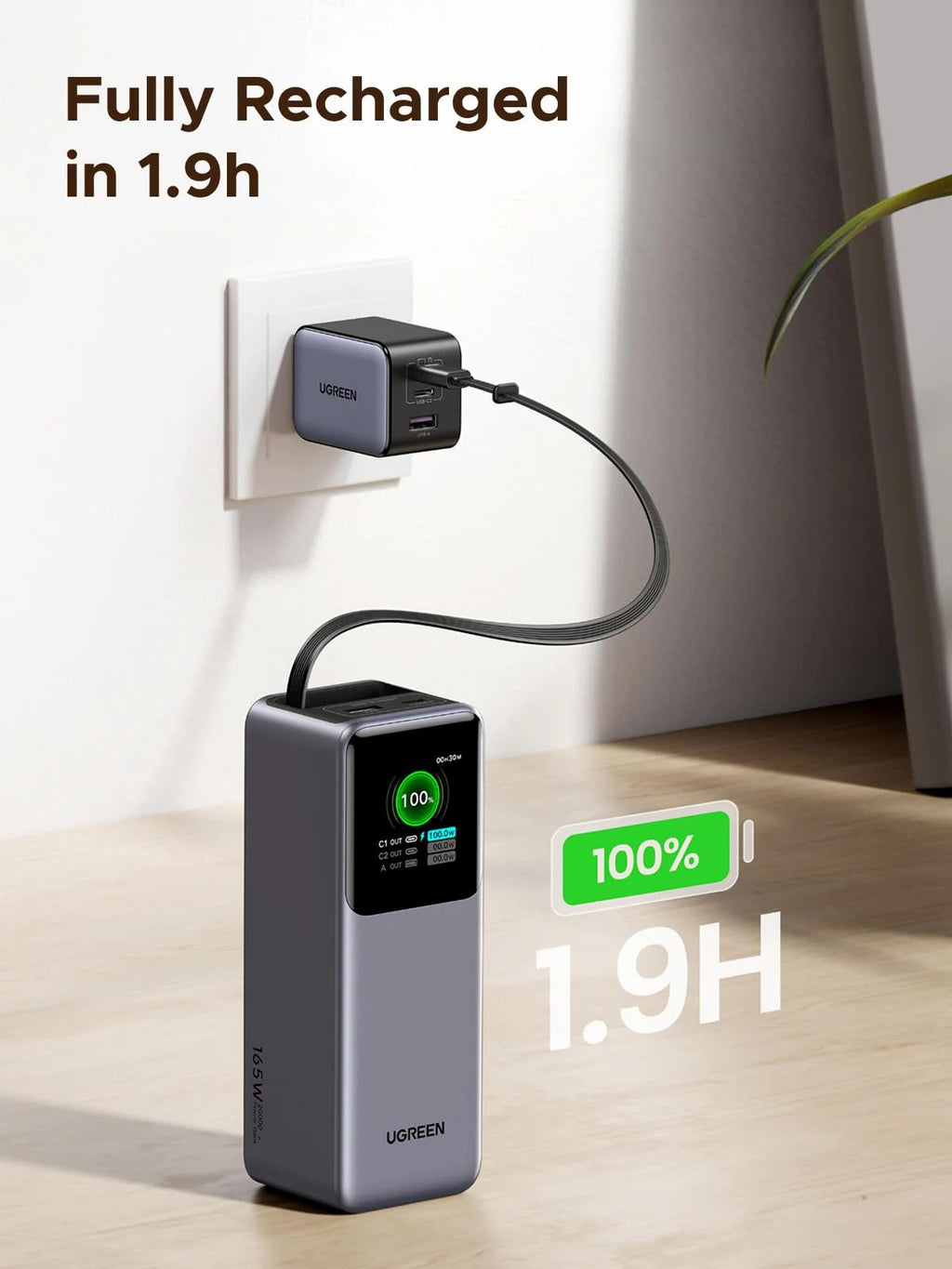 UGREEN 20000mAh 165W Laptop Power Bank with Built-in Retractable USB-C Cable | Fast Charging Portable Charger